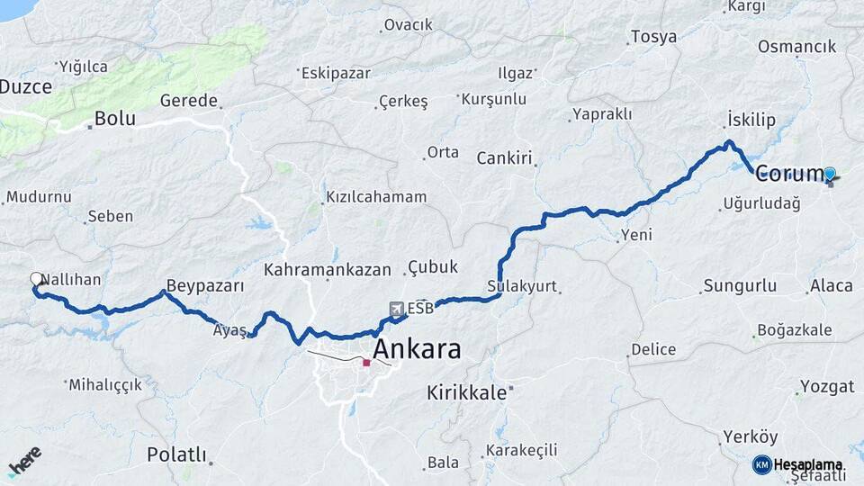 Çorum Nallıhan Ankara Arası Kaç Km - Yol Haritası