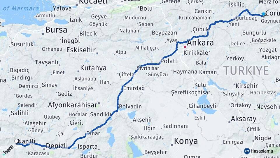 Çorum Nazilli Aydın Arası Kaç Km - Yol Haritası