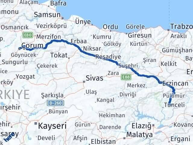 Çorum Nazımiye Tunceli Arası Kaç Km - Yol Haritası