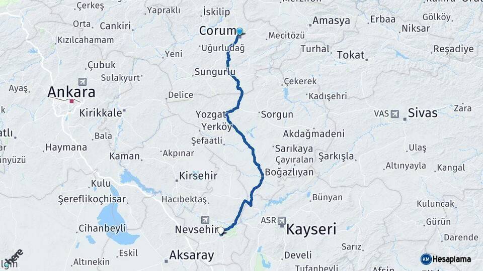 Çorum Nevşehir Arası Kaç Km - Yol Haritası