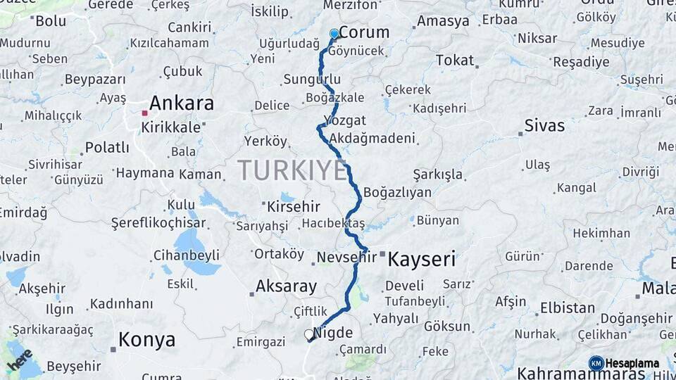 Çorum Niğde Arası Kaç Km - Yol Haritası