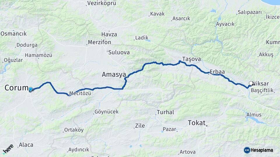 Çorum Niksar Tokat Arası Kaç Km - Yol Haritası