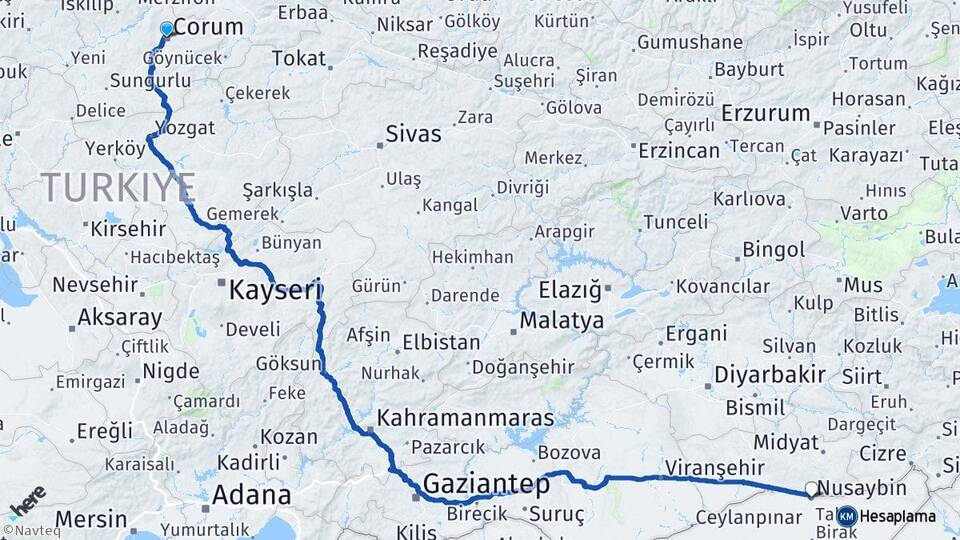 Çorum Nusaybin Mardin Arası Kaç Km - Yol Haritası