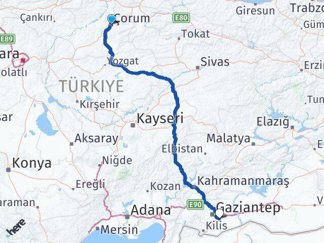 Çorum Oğuzeli Gaziantep Arası Kaç Km - Yol Haritası