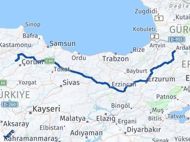 Çorum Oğuzlar Ardahan Arası Kaç Km - Yol Haritası