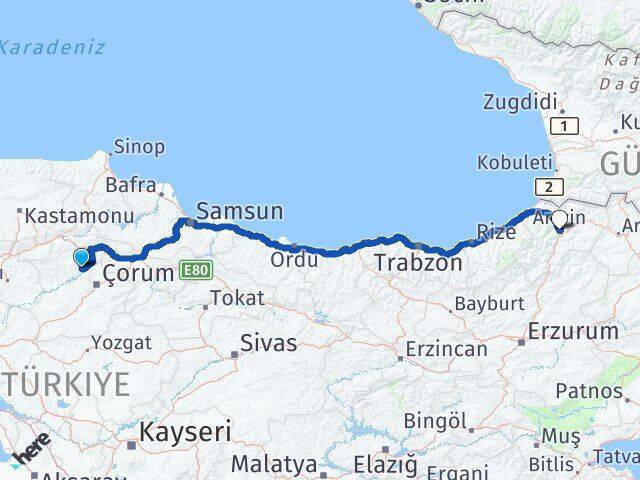 Çorum Oğuzlar Artvin Arası Kaç Km - Yol Haritası