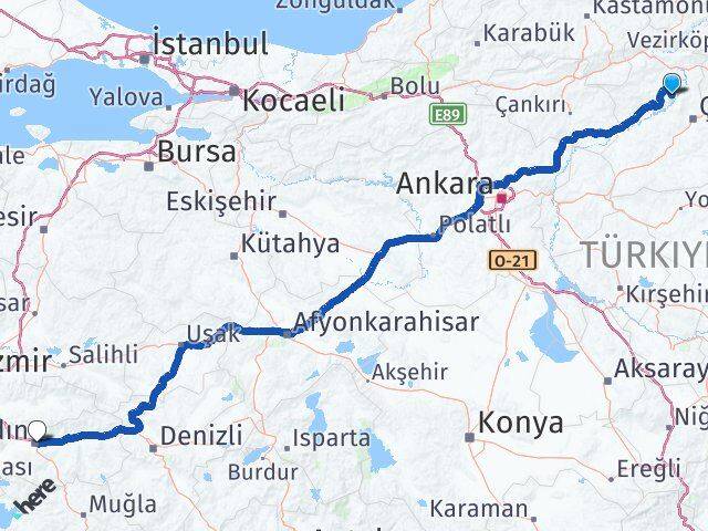 Çorum Oğuzlar Aydın Arası Kaç Km - Yol Haritası