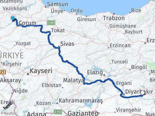 Çorum Oğuzlar Batman Arası Kaç Km - Yol Haritası