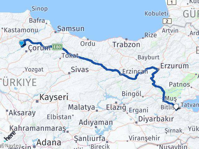 Çorum Oğuzlar Bitlis Arası Kaç Km - Yol Haritası