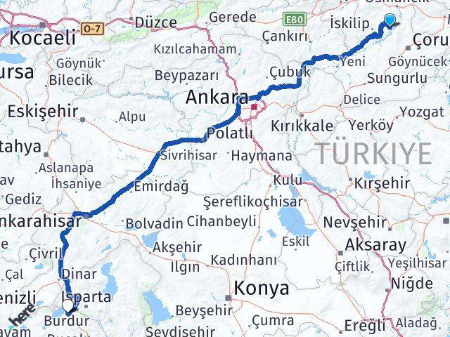 Çorum Oğuzlar Burdur Arası Kaç Km - Yol Haritası