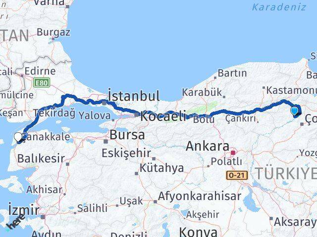 Çorum Oğuzlar Çanakkale Arası Kaç Km - Yol Haritası