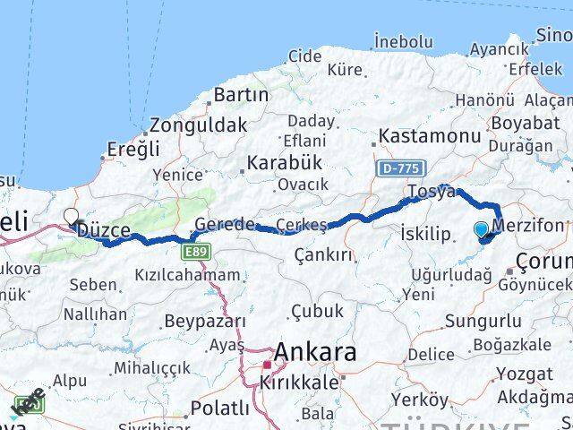 Çorum Oğuzlar Düzce Arası Kaç Km - Yol Haritası