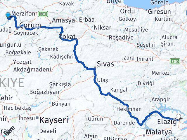Çorum Oğuzlar Elazığ Arası Kaç Km - Yol Haritası