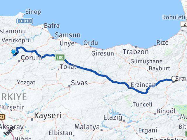 Çorum Oğuzlar Erzurum Arası Kaç Km - Yol Haritası
