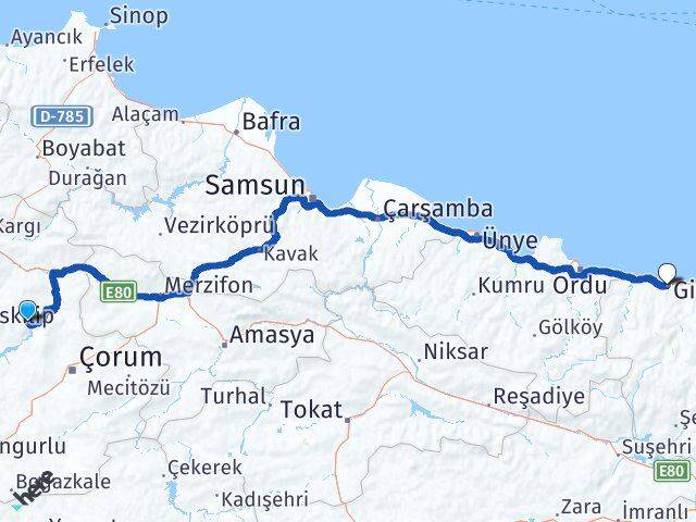 Çorum Oğuzlar Giresun Arası Kaç Km - Yol Haritası