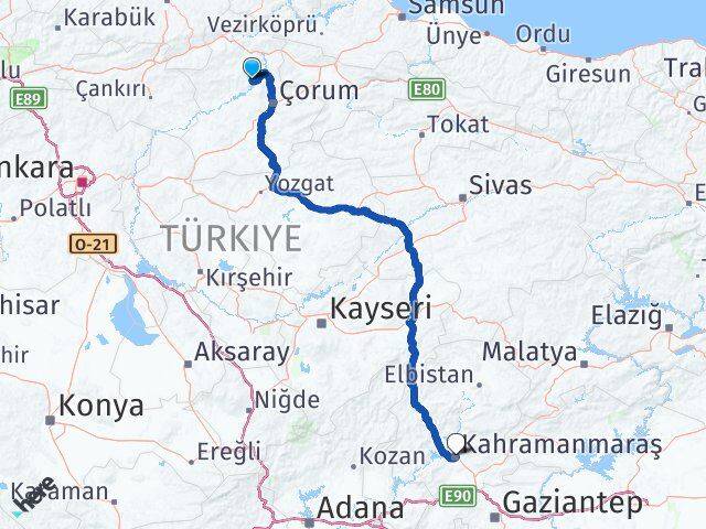 Çorum Oğuzlar Kahramanmaraş Arası Kaç Km - Yol Haritası