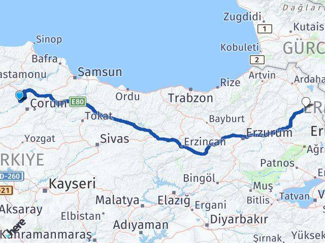 Çorum Oğuzlar Kars Arası Kaç Km - Yol Haritası