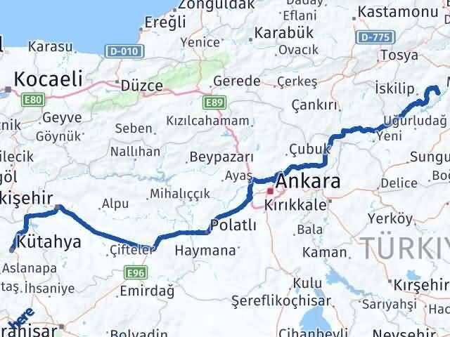Çorum Oğuzlar Kütahya Arası Kaç Km - Yol Haritası