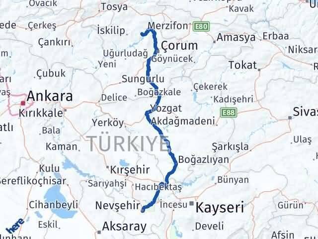 Çorum Oğuzlar Nevşehir Arası Kaç Km - Yol Haritası