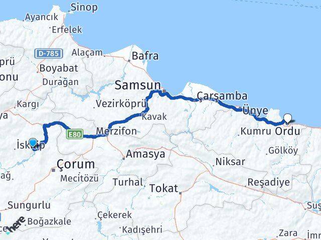 Çorum Oğuzlar Ordu Arası Kaç Km - Yol Haritası