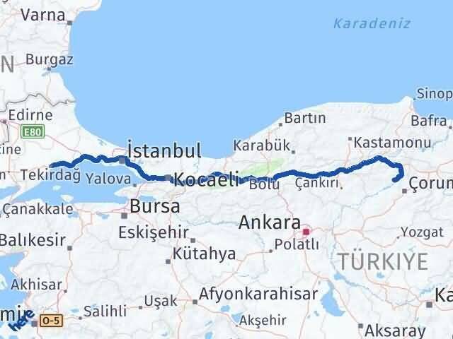 Çorum Oğuzlar Tekirdağ Arası Kaç Km - Yol Haritası