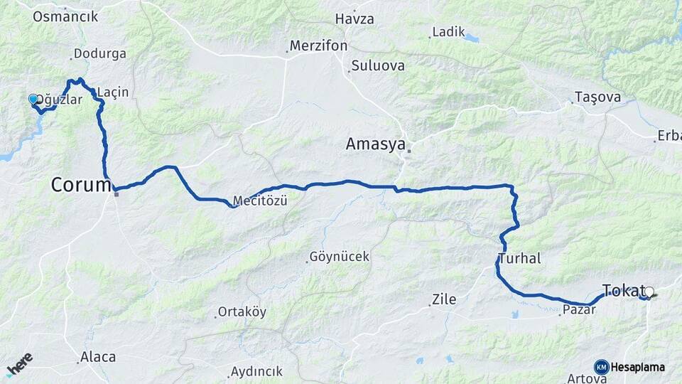 Çorum Oğuzlar Tokat Arası Kaç Km - Yol Haritası