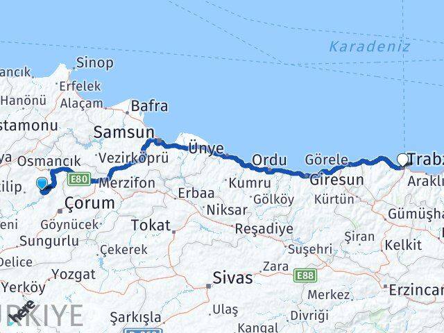 Çorum Oğuzlar Trabzon Arası Kaç Km - Yol Haritası