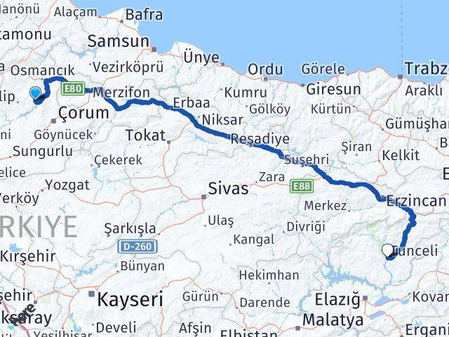 Çorum Oğuzlar Tunceli Arası Kaç Km - Yol Haritası