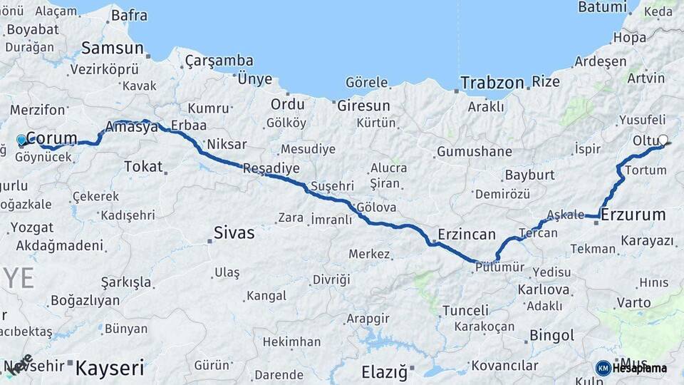 Çorum Oltu Erzurum Arası Kaç Km - Yol Haritası