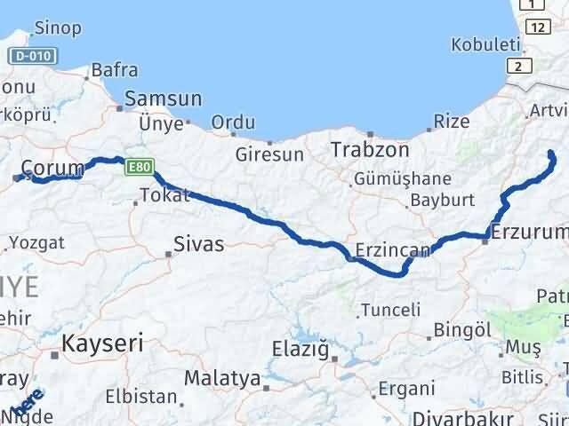 Çorum Olur Erzurum Arası Kaç Km - Yol Haritası