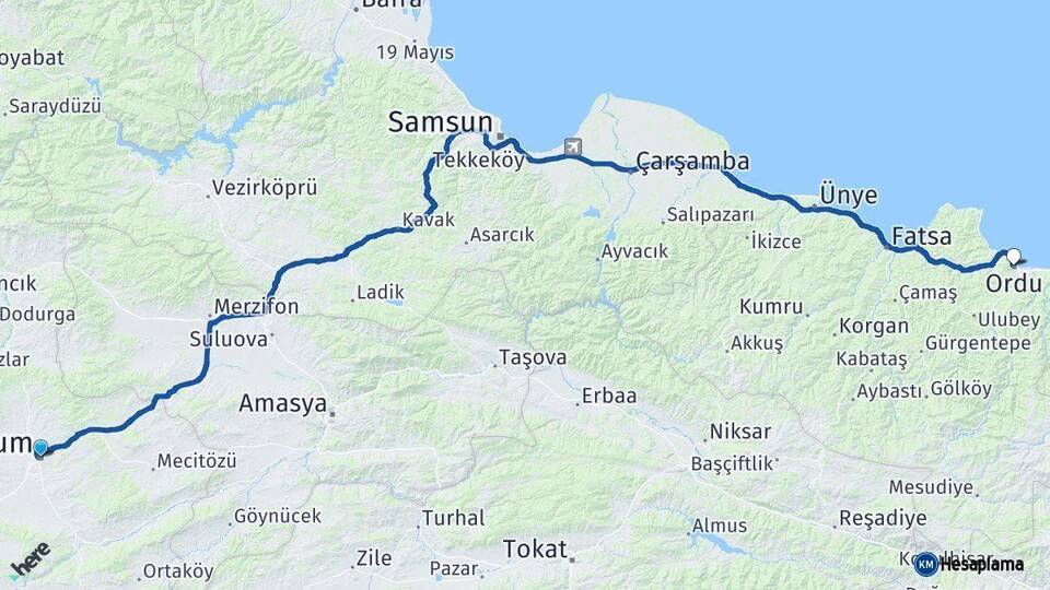 Çorum Ordu Arası Kaç Km - Yol Haritası