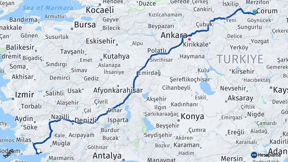 Çorum Ören Milas Muğla Arası Kaç Km - Yol Haritası