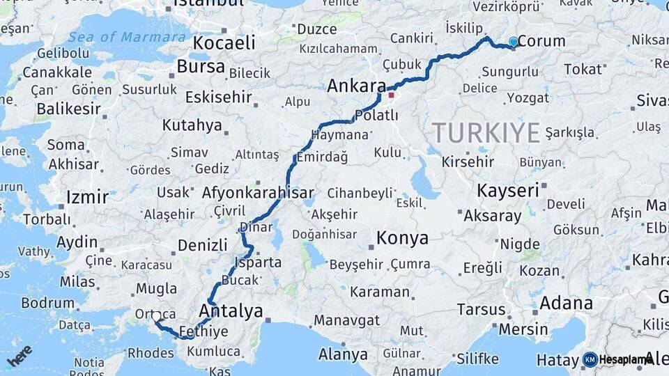 Çorum Ortaca Muğla Arası Kaç Km - Yol Haritası