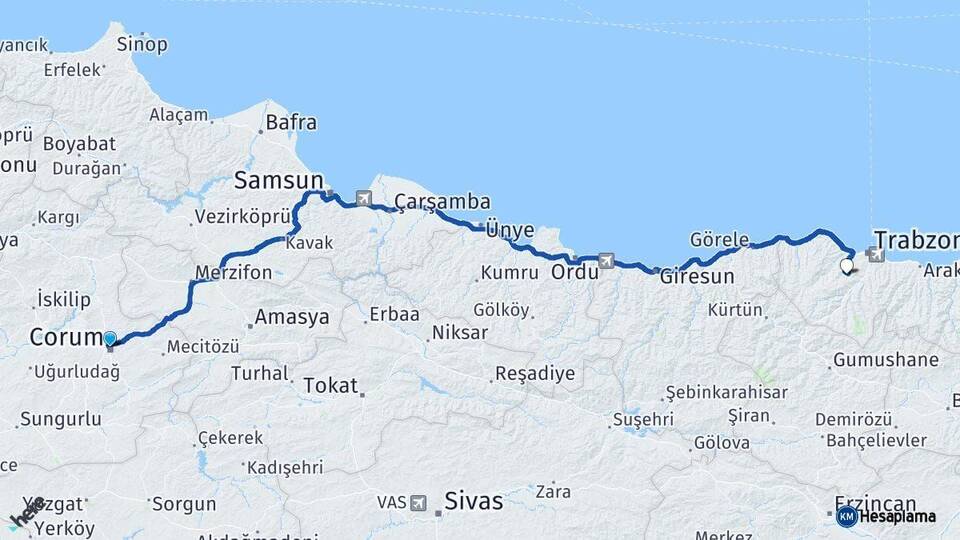 Çorum Ortahisar Trabzon Arası Kaç Km - Yol Haritası