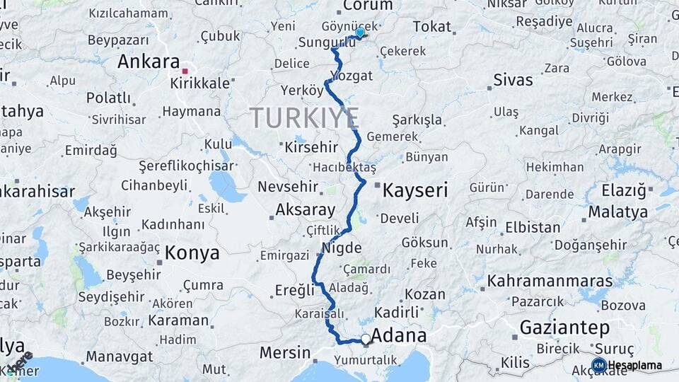 Çorum Ortaköy Adana Arası Kaç Km - Yol Haritası