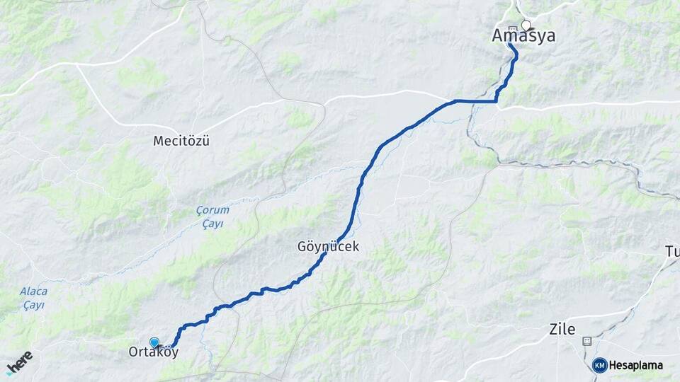 Çorum Ortaköy Amasya Arası Kaç Km - Yol Haritası