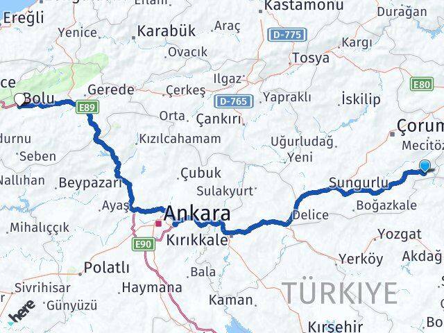 Çorum Ortaköy Bolu Arası Kaç Km - Yol Haritası