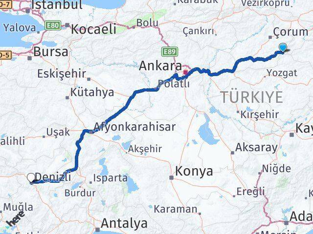 Çorum Ortaköy Denizli Arası Kaç Km - Yol Haritası