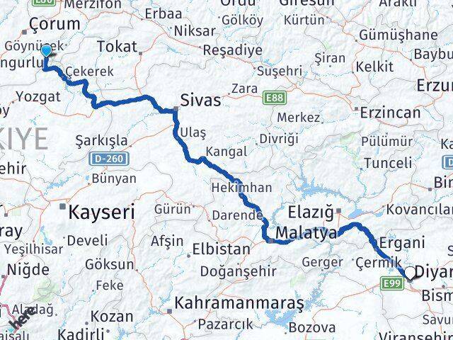 Çorum Ortaköy Diyarbakır Arası Kaç Km - Yol Haritası