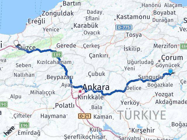 Çorum Ortaköy Düzce Arası Kaç Km - Yol Haritası