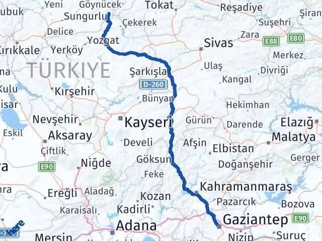 Çorum Ortaköy Gaziantep Arası Kaç Km - Yol Haritası