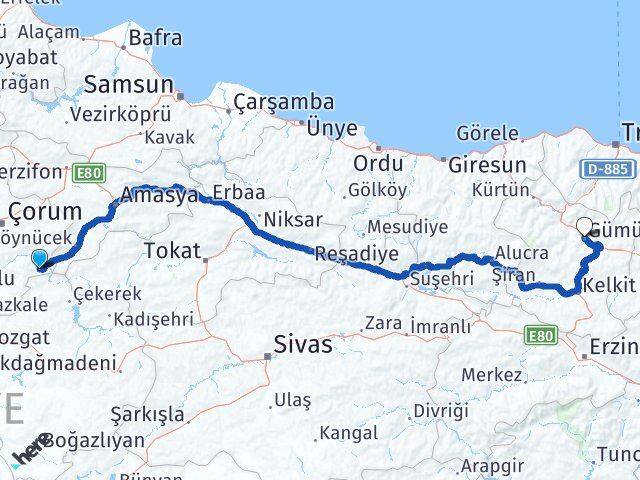 Çorum Ortaköy Gümüşhane Arası Kaç Km - Yol Haritası