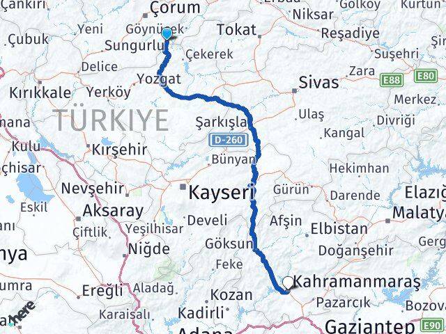 Çorum Ortaköy Kahramanmaraş Arası Kaç Km - Yol Haritası