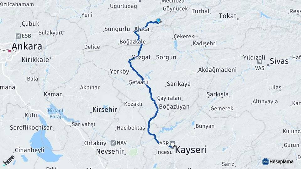 Çorum Ortaköy Kayseri Arası Kaç Km - Yol Haritası