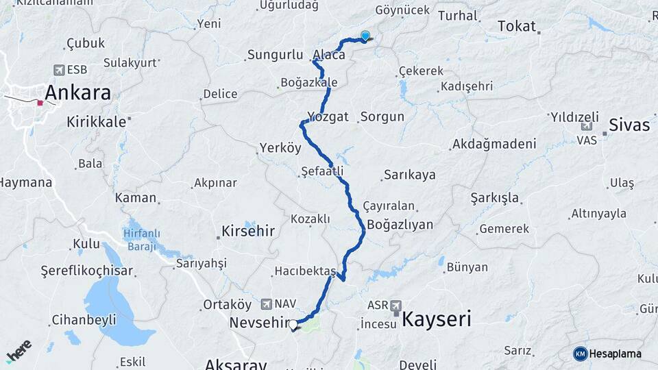 Çorum Ortaköy Nevşehir Arası Kaç Km - Yol Haritası