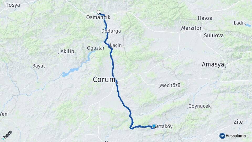 Çorum Ortaköy Osmancık Arası Kaç Km - Yol Haritası