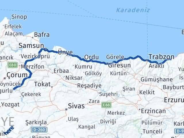 Çorum Ortaköy Rize Arası Kaç Km - Yol Haritası