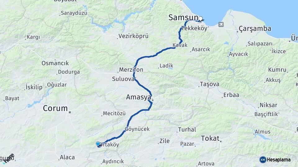 Çorum Ortaköy Samsun Arası Kaç Km - Yol Haritası