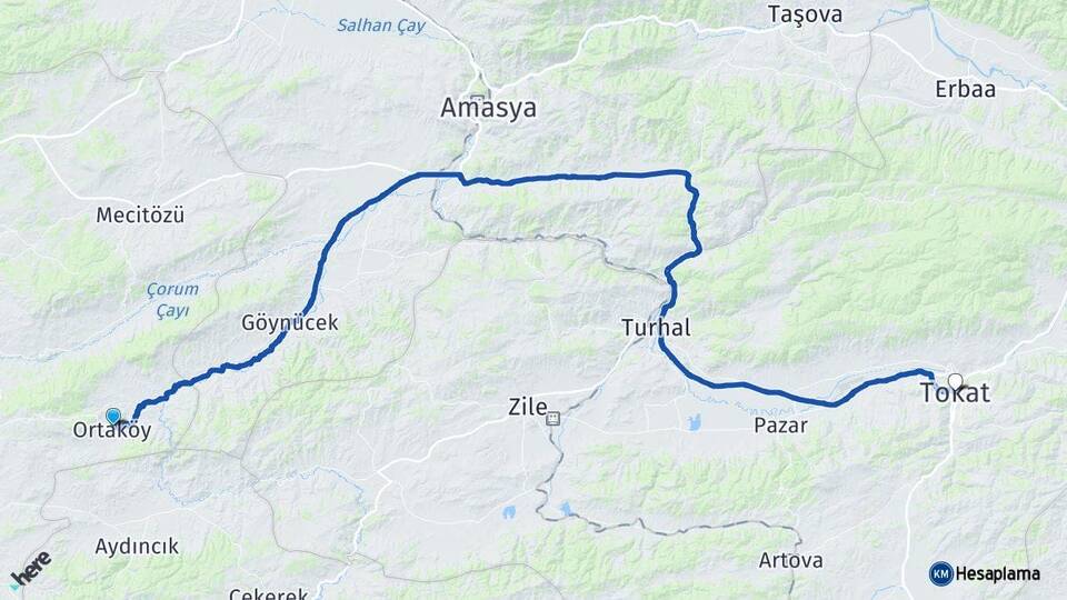 Çorum Ortaköy Tokat Arası Kaç Km - Yol Haritası