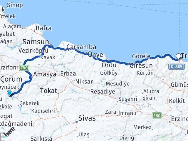 Çorum Ortaköy Trabzon Arası Kaç Km - Yol Haritası